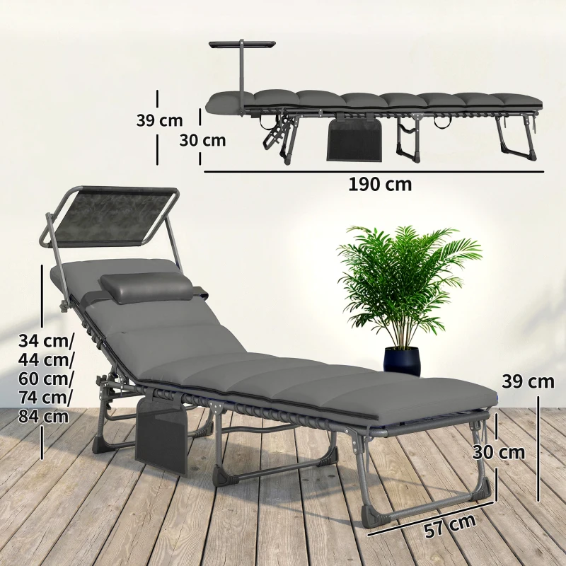 Outsunny Lot de 2 transats pliants avec pare-soleil, chaises longues inclinables avec coussin, poche latérale et poignée de transport, gris foncé
