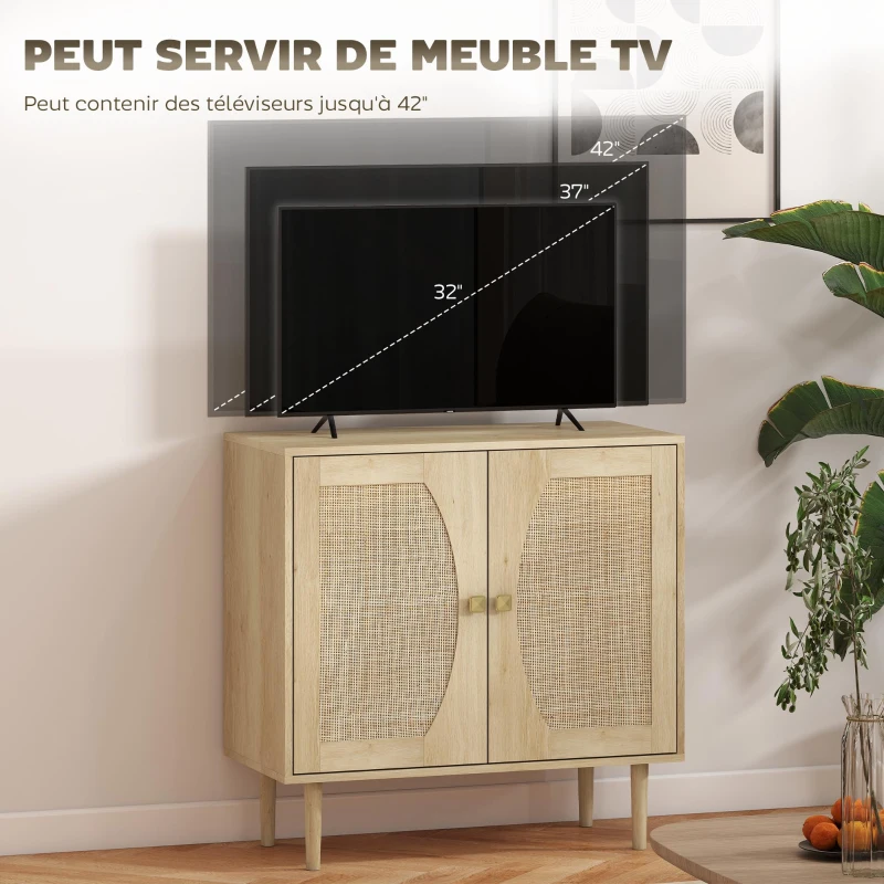 HOMCOM Buffet de cuisine meuble de rangement double portes avec 2 niveaux, façade en cannage 80 x 38 x 79 cm effet bois naturel