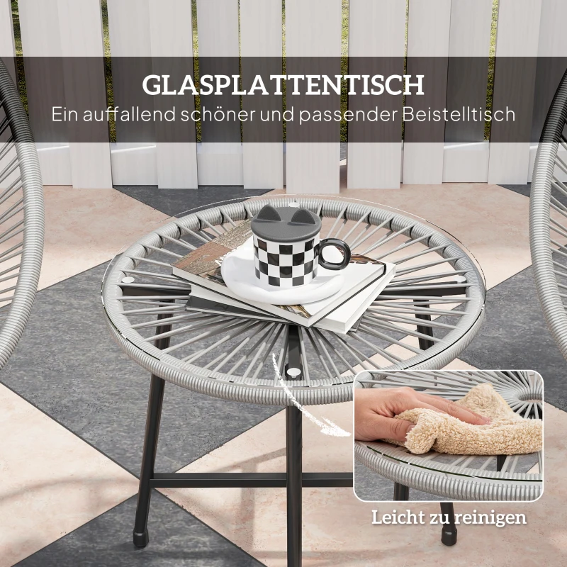 Outsunny 3-teiliges Gartenmöbel-Set, 2 Kunststoffrattan-Stühle, 1 Tisch mit Glasplatte, Stahlrahmen, Outdoor-Sitzmöbel, Grau