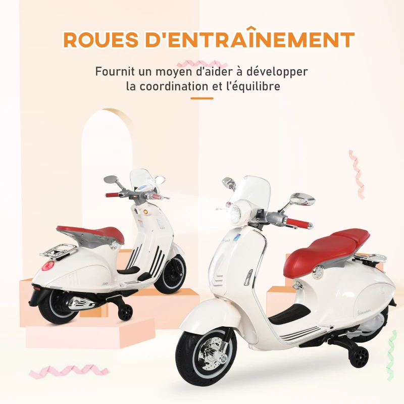 HOMCOM Vespa Scooter Moto électrique Enfants 6 V dim. 108L x 49l x 75H cm Musique klaxon 2 roues auxiliaires, 3-6 ans, Blanc