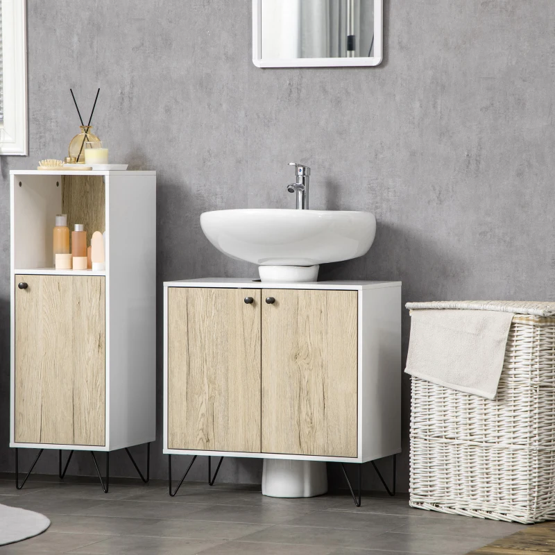 kleankin Meuble sous lavabo, meuble de salle de bain avec 2 portes, pieds en acier, 60 x 30 x 60 cm, blanc et bois naturel