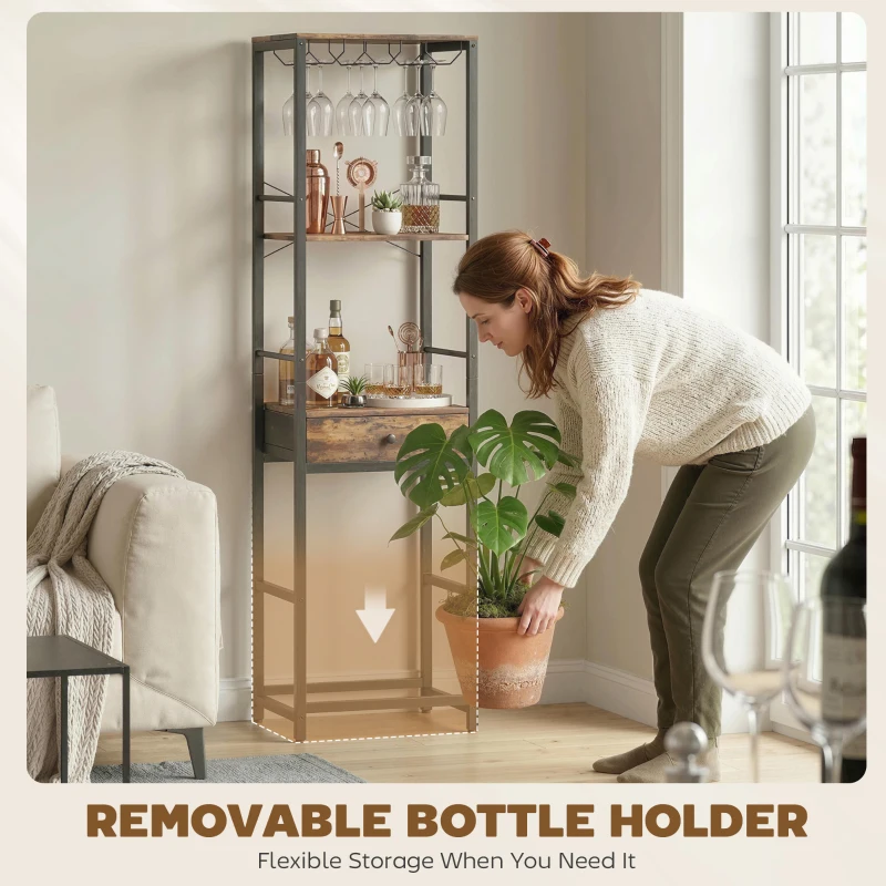 HOMCOM Weinbar-Schrank mit Schublade, Industrieller Barschrank, Weinregal für 12 Flaschen, Glashalter, Rustikal Braun