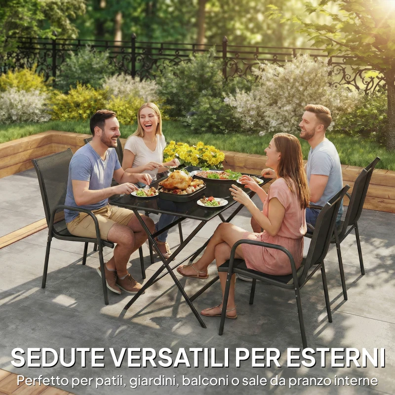Outsunny Set 4 Sedie Impilabili e Traspiranti con Braccioli e Schienale Alto, in Metallo e Poliestere, 51L x 69P x 87A cm, Nero