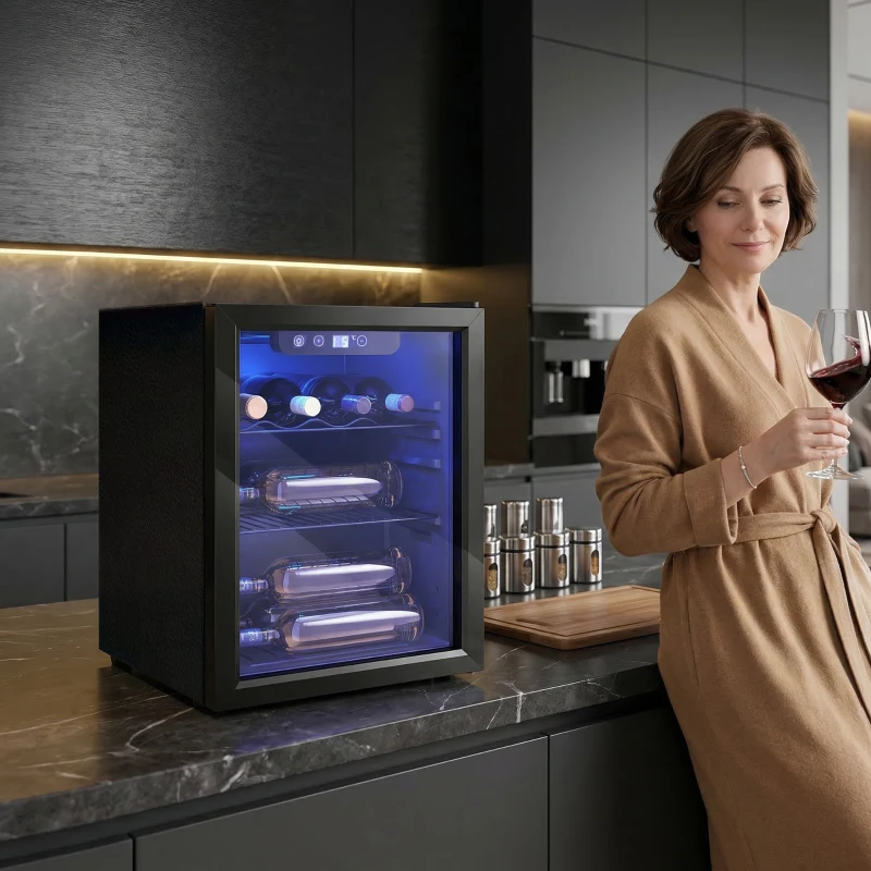 HOMCOM Cave à vin 16 bouteilles 48L, réfrigérateur à vin et boissons avec température réglable 4-16 °C, porte réversible, noir