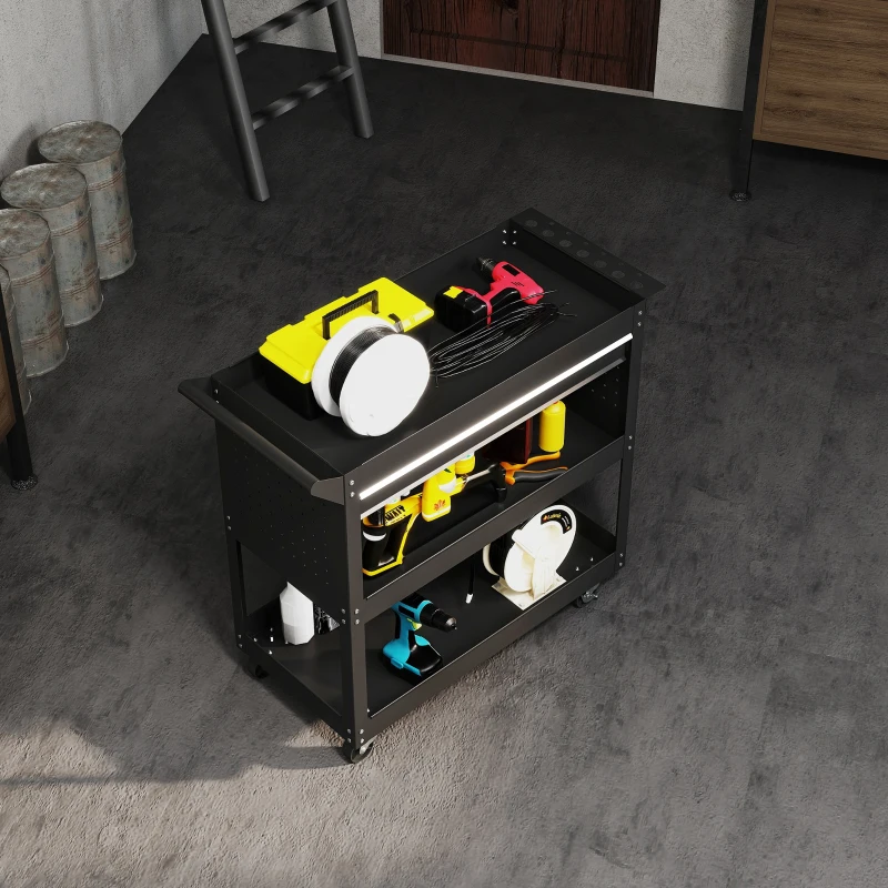 DURHAND Carro 3 Niveles en Acero con Cajón, Panel Lateral para Herramientas y Mango, Negro