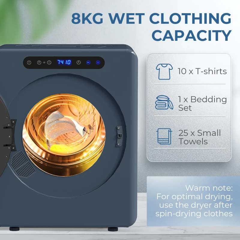 HOMCOM 5kg Ablufttrockner, 1000W Kompakter freistehender Frontlader-Wäschetrockner mit Edelstahltrommel, Timer, Blau