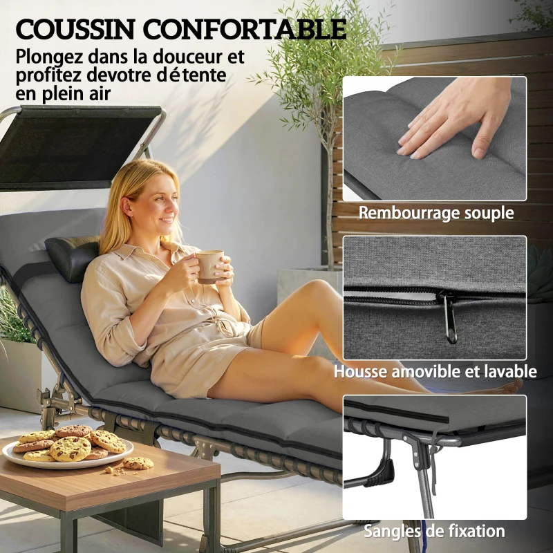 Outsunny Lot de 2 transats pliants avec pare-soleil, chaises longues inclinables avec coussin, poche latérale et poignée de transport, gris foncé