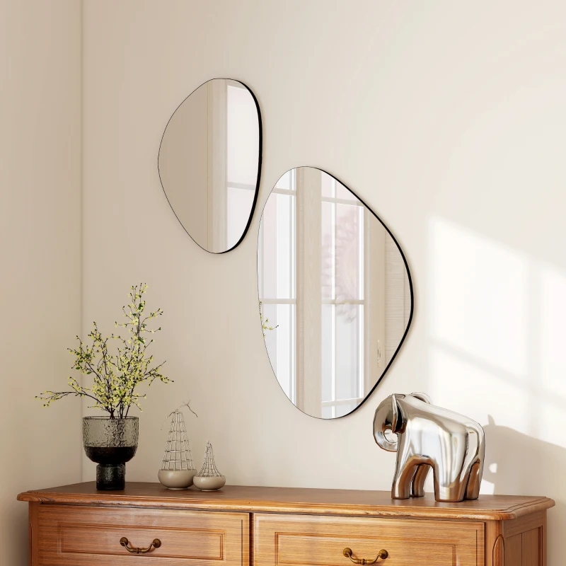 HOMCOM Lot de 2 miroirs muraux, miroirs décoratifs irréguliers en forme de galet, cadre en métal, 70 x 46 cm/49,5 x 31 cm, noir