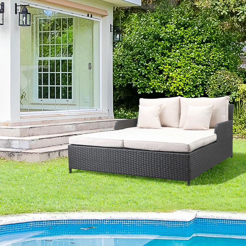 Outsunny Lit canapé double pour jardin en résine tressée PE avec matelas, accoudoirs et 4 coussins dim. 158L x 134l x 70H cm - brun foncé et crème