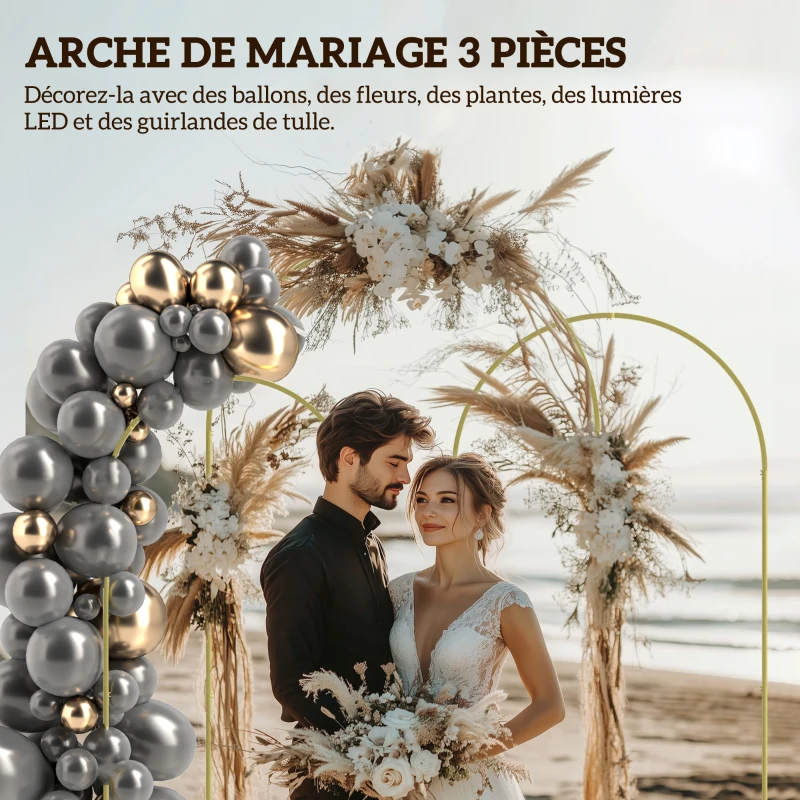 Outsunny Lot de 3 supports d'arche de fond en métal doré pour mariage, 2,2 m, 2 m, 1,8 m, arche de mariage fête d'anniversaire