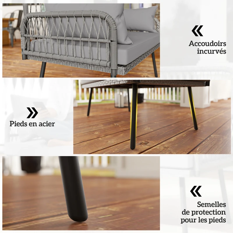 Outsunny Canapé de jardin avec coussins et oreillers 2 places en résine tressée, canapé d'extérieur avec accoudoirs gris foncé