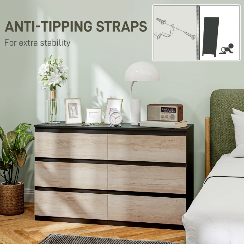 HOMCOM Comodă cu 6 Sertare pentru Dormitor din Lemn cu Șine Metalice, 120x39x75 cm, Neagră și de Culoarea Lemnului(m-6)