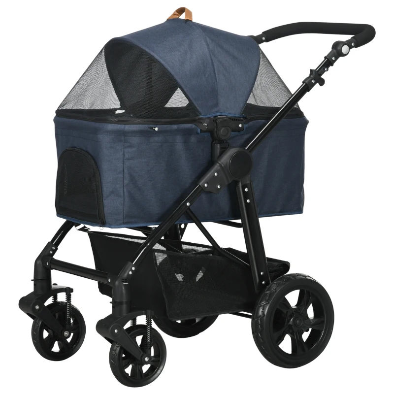 Poussette buggy pliable chien chat amortisseurs panier de rangement 2 attaches sécurité housse réglable acier Oxford bleu foncé