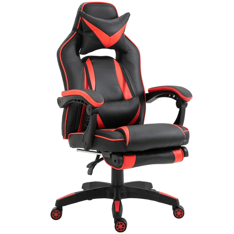 HOMCOM Chaise gaming Fauteuil Gamer Fauteuil de Bureau ergonomique avec support lombaire et Repose-Pieds revêtement synthétique Noir Rouge