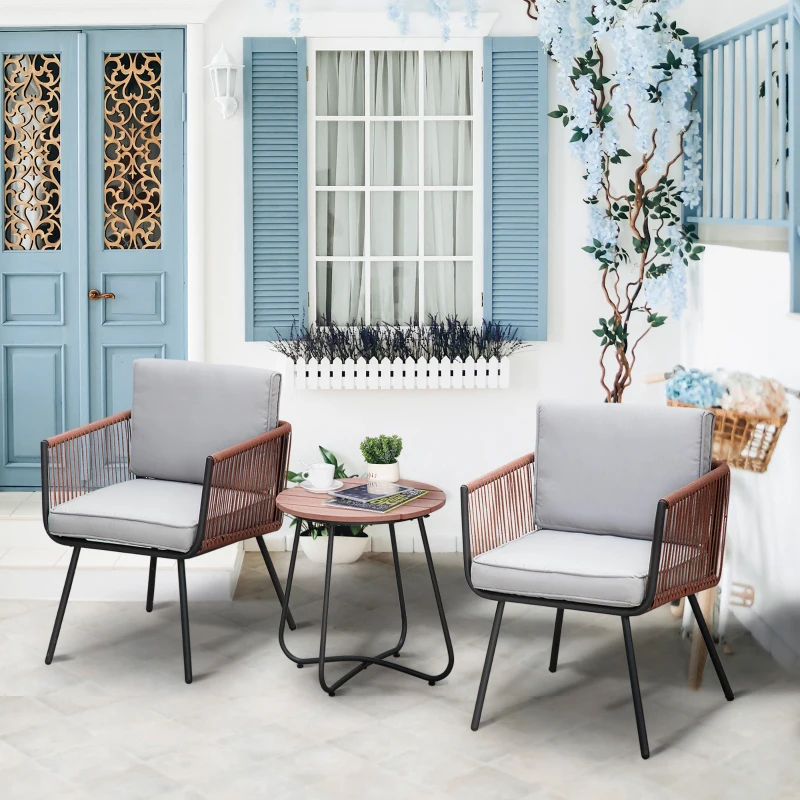 Outsunny Ensemble de jardin en résine tressée 3 pièces cadre en acier 2 fauteuils + table basse coussins inclus teck gris orange