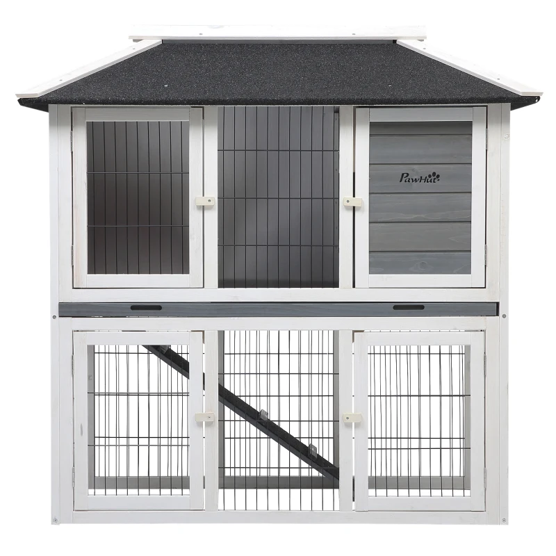 PawHut Clapier en bois pour lapin à 2 étages 4 portes verrouillables plateau coulissant rampe - 117L x 62,5l x 115H cm - bois de sapin gris blanc