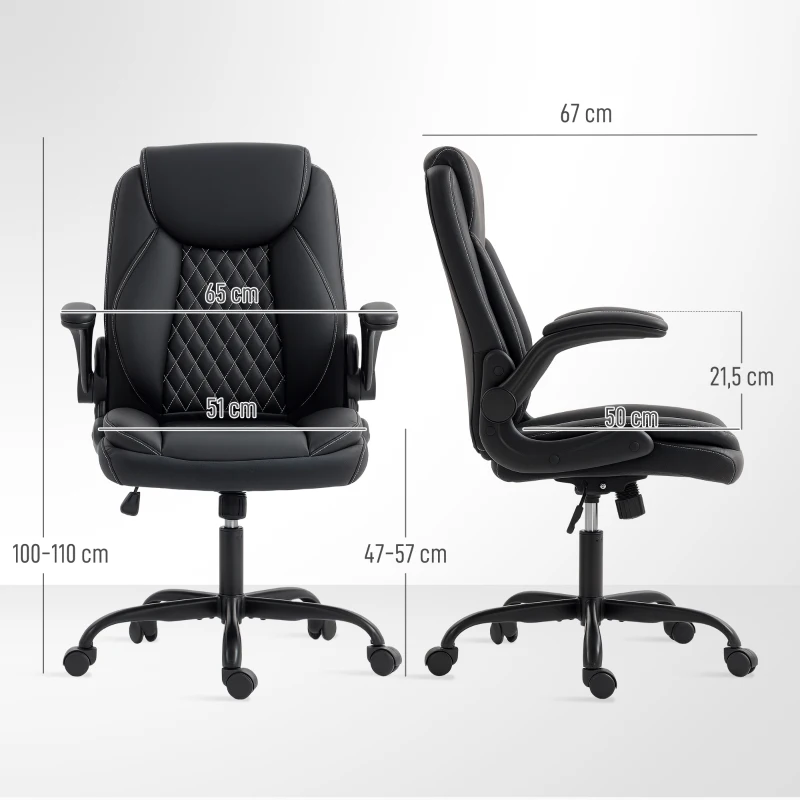 HOMCOM Scaun de birou, scaun ergonomic cu cotiere rabatabile, înălțime reglabilă, funcție de balans, negru