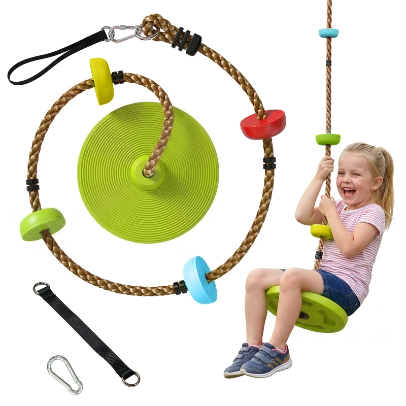 AIYAPLAY Corde d'escalade Balancoire 1,9 m, Balançoire Disque pour Enfants avec Plateforme, Sangle et Mousqueton, Vert
