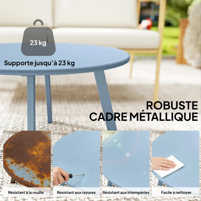 Outsunny Petite table basse ronde, table d'appoint avec patins antidérapants, cadre en métal, pour jardin, Ø 70 x 42 cm, bleu