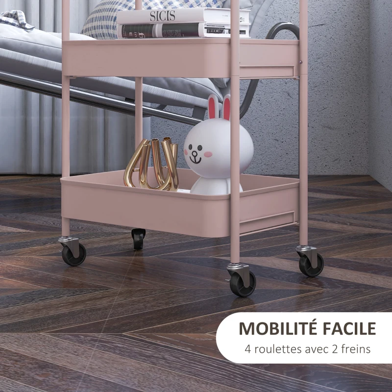 HOMCOM Desserte chariot de rangement en acier chariot de service à roulettes 3 plateaux ajourés 45 x 30,6 x 79 cm rose
