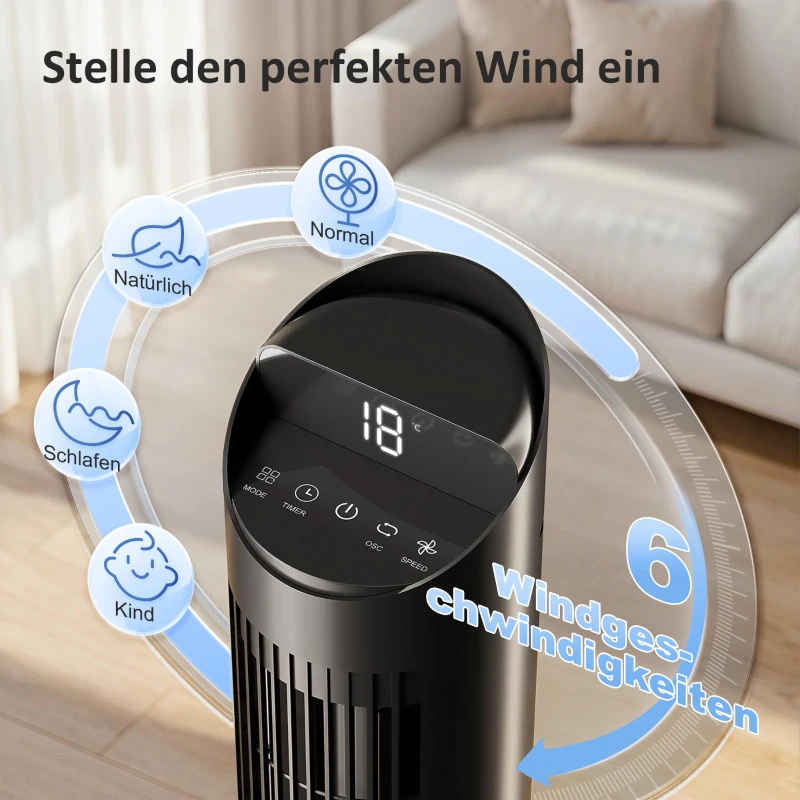 HOMCOM 116 cm Turmventilator, Standventilator mit Fernbedienung und WiFi App-Steuerung, 65° Oszillation, 6 Geschwindigkeiten und 4 Modi, Schwarz