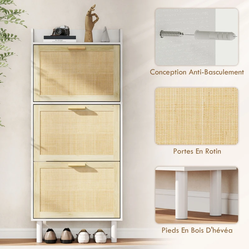 HOMCOM Meuble à chaussures 3 portes abattants étagère effet résine tressée design bohème 65 x 24,5 x 153 cm blanc