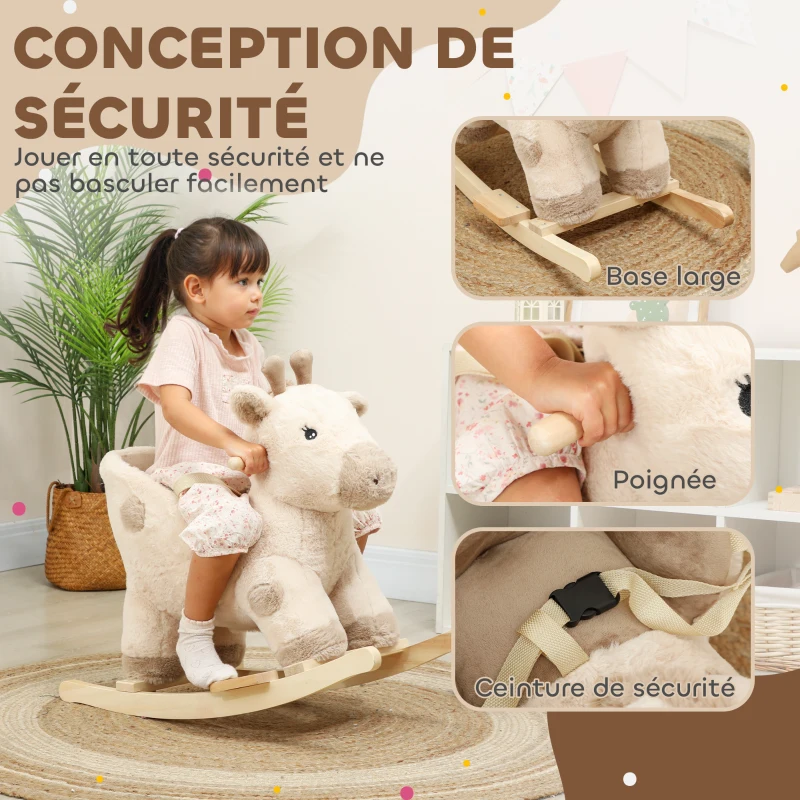AIYAPLAY Cheval à bascule pour enfants girafe jouet à bascule bébé avec effet sonore, ceinture de sécurité, 68x35x50cm, beige