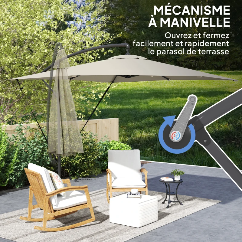 Outsunny Parasol déporté, parasol de jardin extérieur, Toile ajustable, 8 baleines, base en croix et manivelle, 2,5 x 2,5 m, kaki