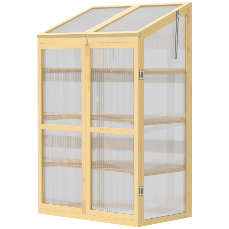 Outsunny Mini Serre de Jardin en Polycarbonate Cadre en Bois 3 étagères dim. 80L x 50l x 130H cm Double Porte Toit ouvrant Bois de Sapin lasuré Marron
