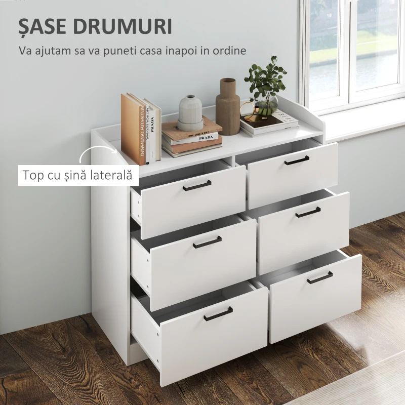 HOMCOM Comodă cu 6 sertare din lemn, margini ridicate și mânere în formă de U, 100x40x88 cm, alb