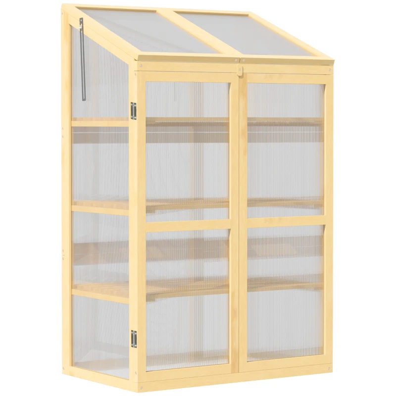 Outsunny Mini Serre de Jardin en Polycarbonate Cadre en Bois 3 étagères dim. 80L x 50l x 130H cm Double Porte Toit ouvrant Bois de Sapin lasuré Marron