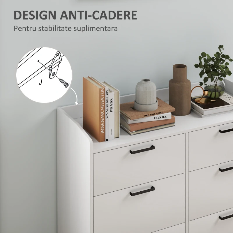 HOMCOM Comodă cu 6 sertare din lemn, margini ridicate și mânere în formă de U, 100x40x88 cm, alb