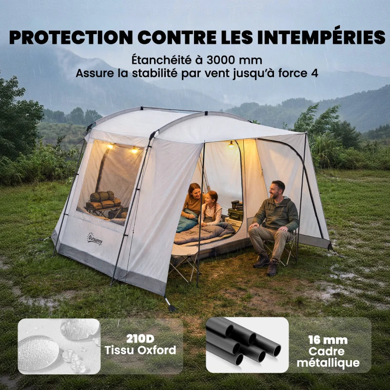 Outsunny Tente arrière de voiture Tente d'auvent de Voiture pour 2 à 4 per. 320 x 280 x 205 cm avec 4 portes, fenêtre, gris