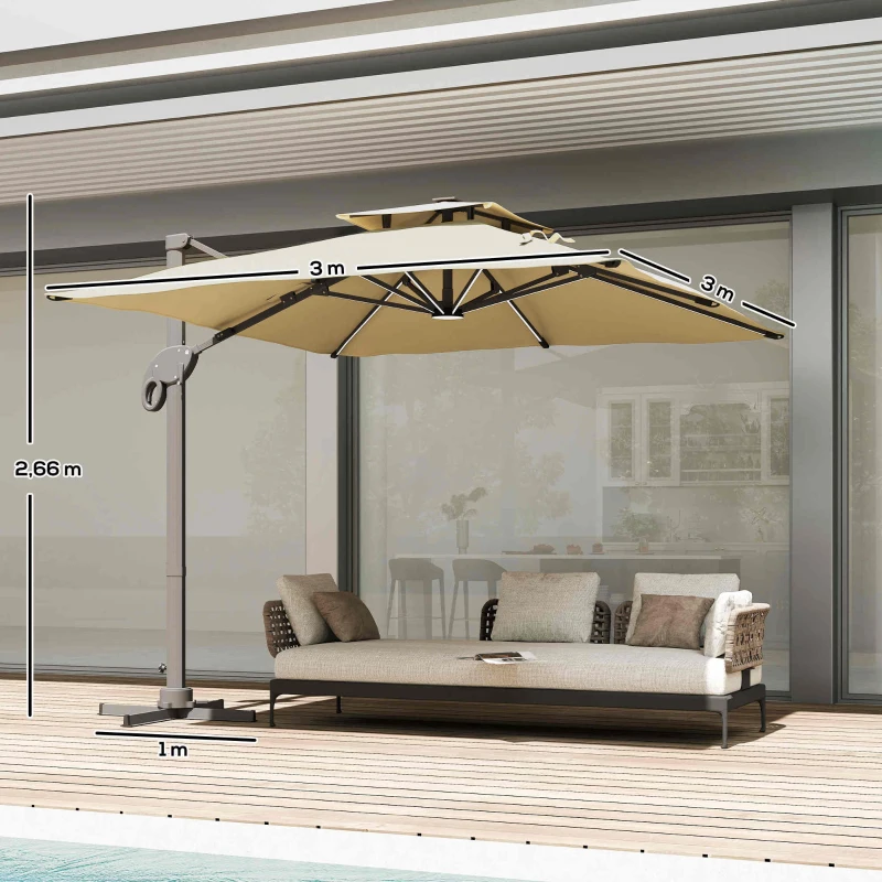 Outsunny Parasol déporté LED carré double toit inclinable pivotant 360° manivelle piètement acier dim. 3L x 3l x 2,66H m beige