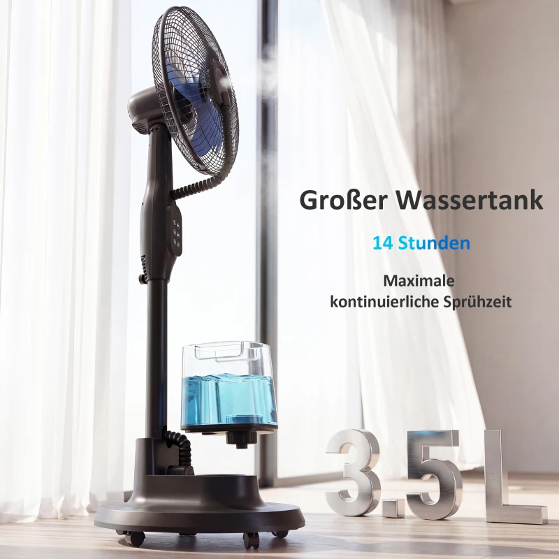 HOMCOM Stehventilator mit Sprühnebel, 70° Oszillation, 3 Geschwindigkeiten, 3 Modi, 3,5L Wassertank, Schwarz