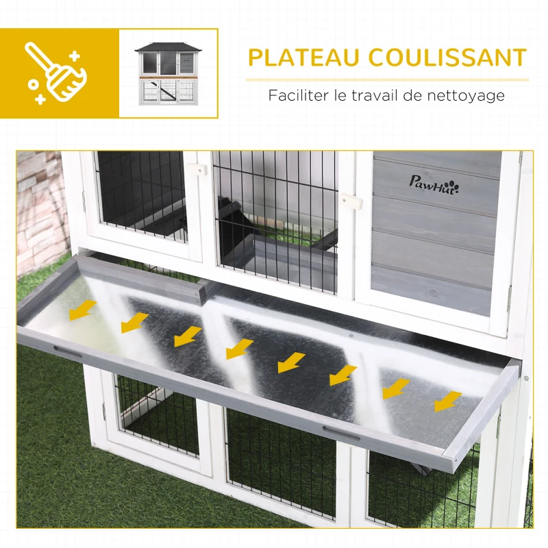 PawHut Clapier en bois pour lapin à 2 étages 4 portes verrouillables plateau coulissant rampe - 117L x 62,5l x 115H cm - bois de sapin gris blanc