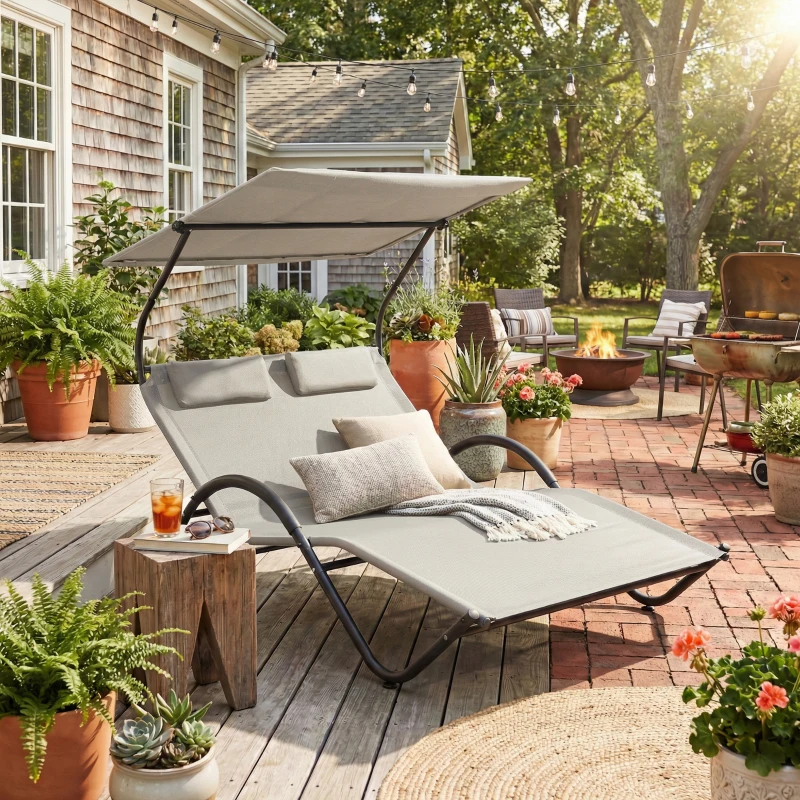 Outsunny Chaise longue bain de soleil transat avec auvent oreiller et roulettes en acier et polyester crème