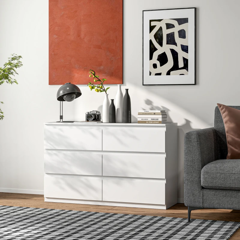 HOMCOM Comodă cu 6 sertare pentru dormitor, din lemn, cu ghidaje metalice, 120x39x75 cm, albă(m-7)