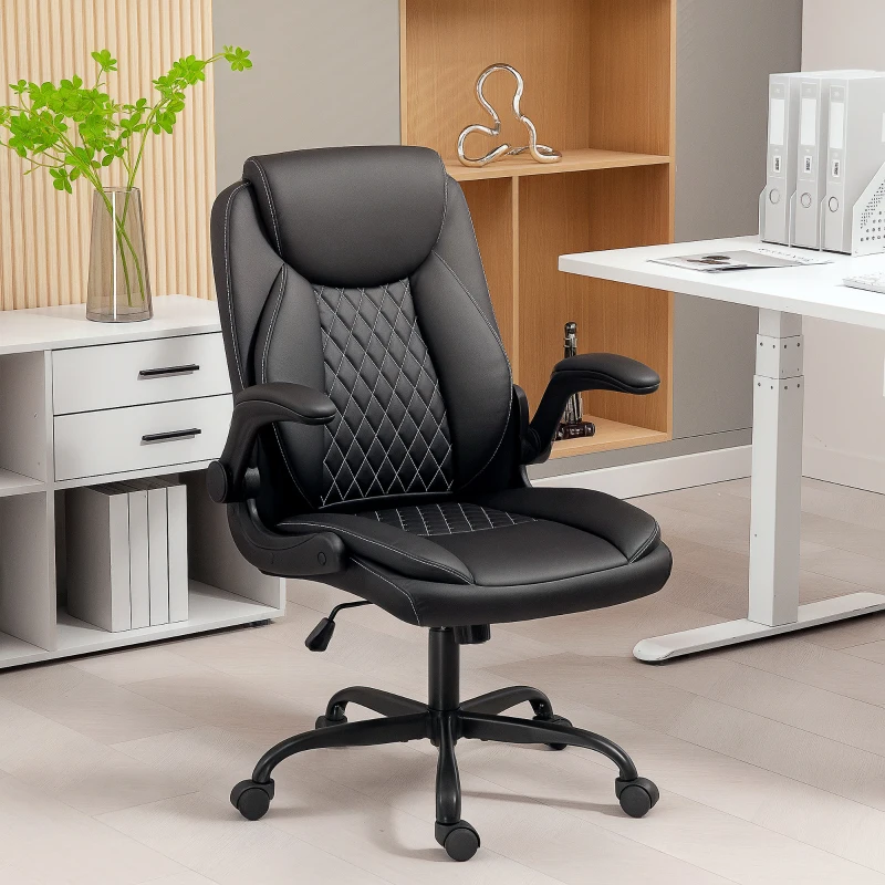 HOMCOM Scaun de birou, scaun ergonomic cu cotiere rabatabile, înălțime reglabilă, funcție de balans, negru