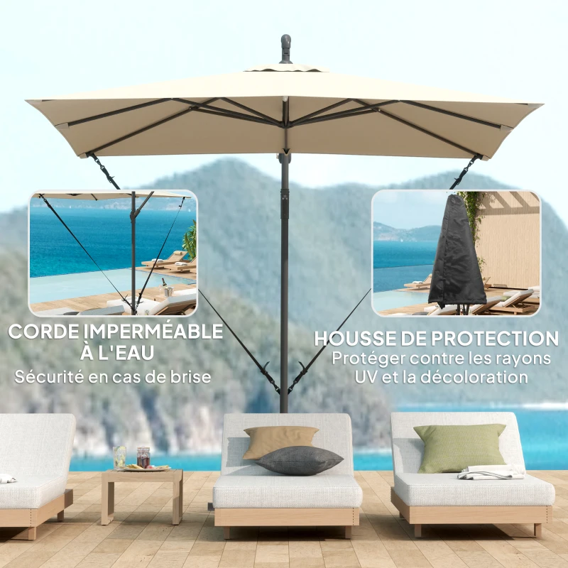 Outsunny Parasol déporté, parasol de jardin extérieur, Toile ajustable, 8 baleines, base en croix et manivelle, 2,5 x 2,5 m, kaki