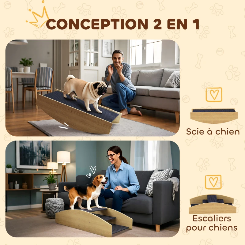 PawHut Bascule Chien Agility Réversible 2-en-1 Escalier pour Chien 3 Marches en Bois 80x39,5x20cm, Bois Naturel