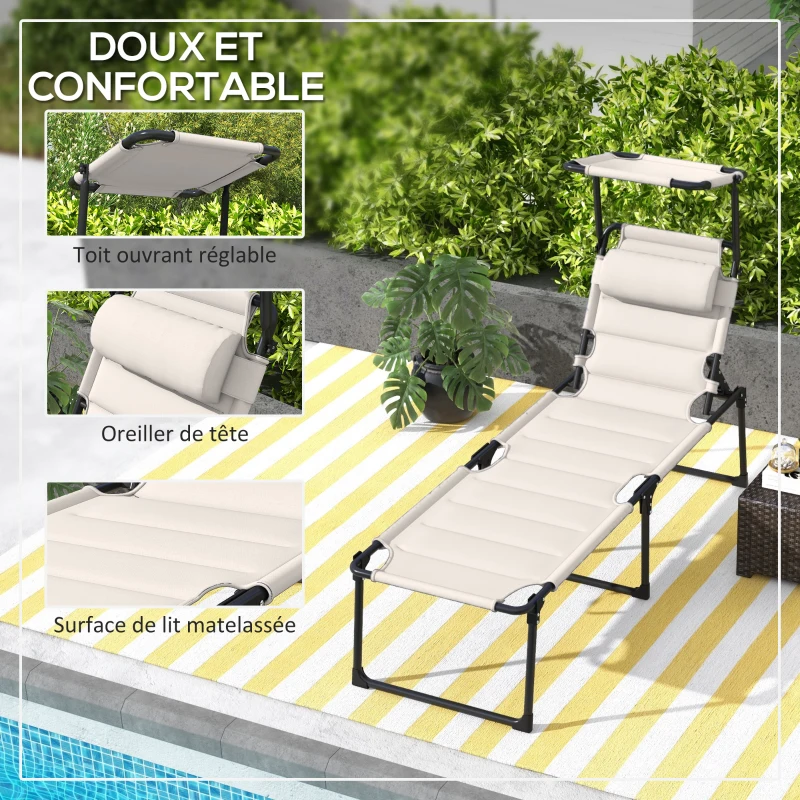 Outsunny Lot de 2 Bains de soleil transats pliables grand confort dossier pare-soleil réglables multi-positions, crème
