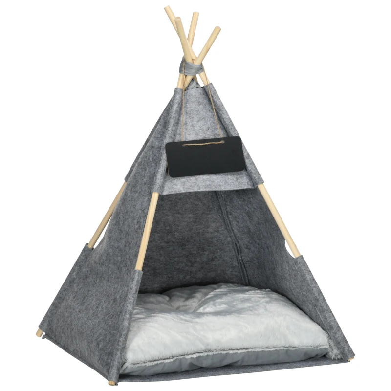 PawHut Tente tipi pour Animaux - Teepee Chat ou Chien - Coussin épais Grand Confort Inclus - Structure Bois de pin Feutre Peluche PV Gris