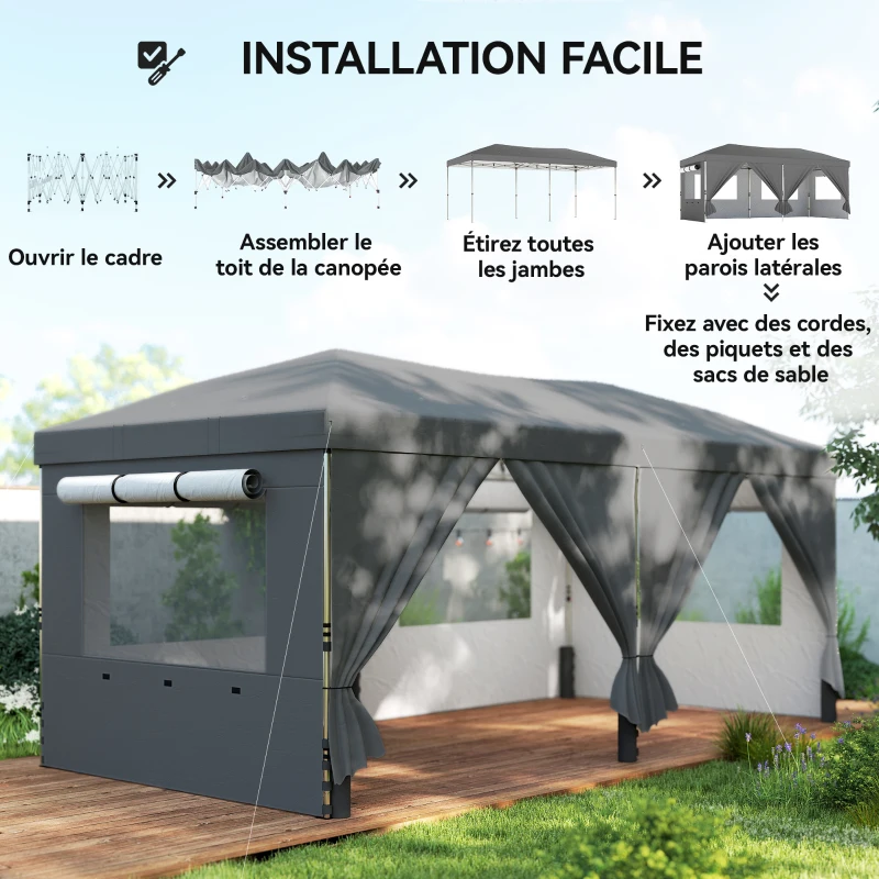 Outsunny Tonnelle de jardin 3 x 6 m pop up tonnelle pliante réglable en hauteur protection UV50+ montage facile gris foncé