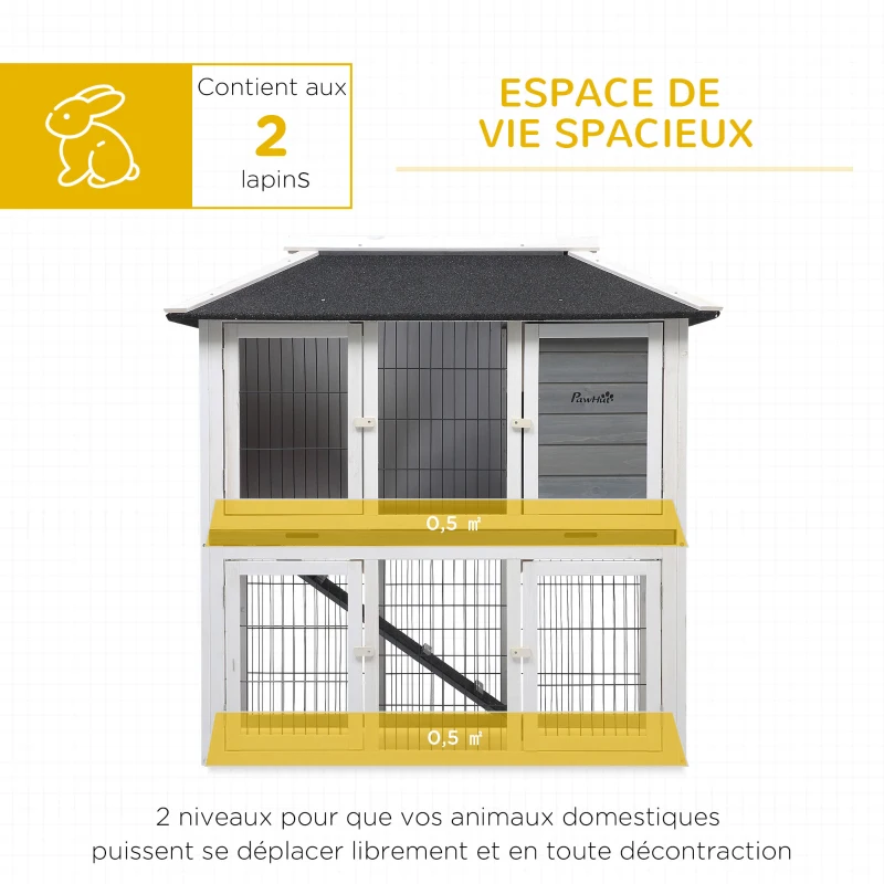 PawHut Clapier en bois pour lapin à 2 étages 4 portes verrouillables plateau coulissant rampe - 117L x 62,5l x 115H cm - bois de sapin gris blanc
