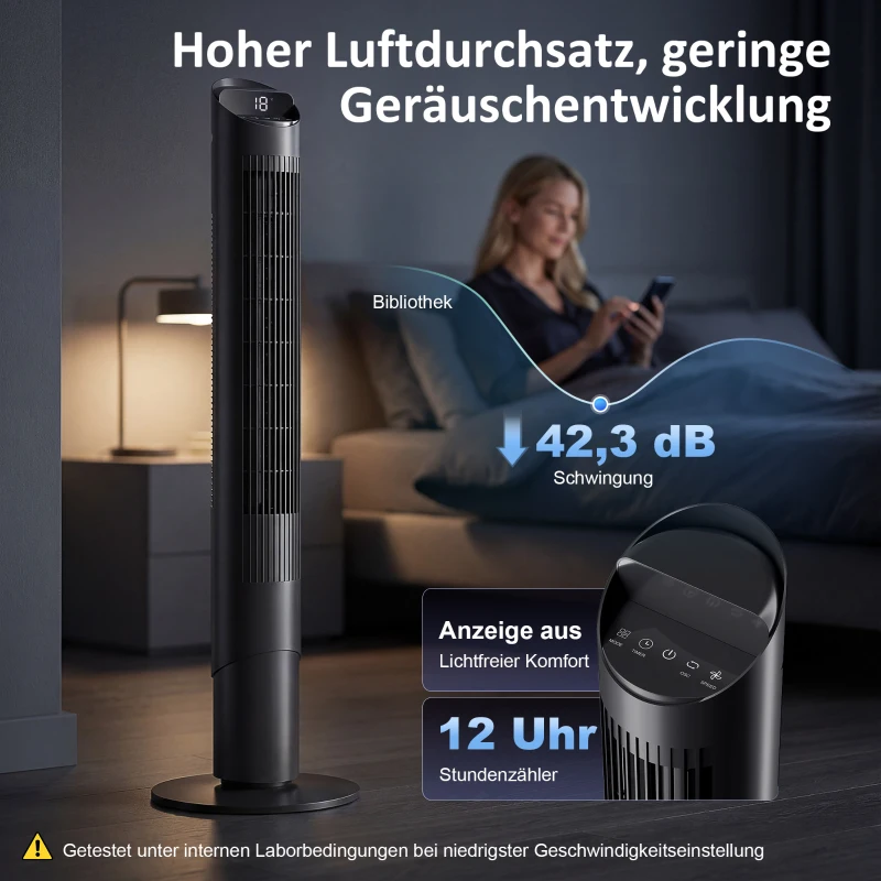 HOMCOM 116 cm Turmventilator, Standventilator mit Fernbedienung und WiFi App-Steuerung, 65° Oszillation, 6 Geschwindigkeiten und 4 Modi, Schwarz