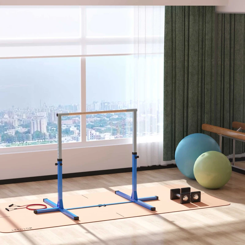 HOMCOM Barre fixe de gymnastique enfant - barre de gymnastique hauteur réglable 13 niveaux 92 à 150 cm - acier bleu bois hêtre