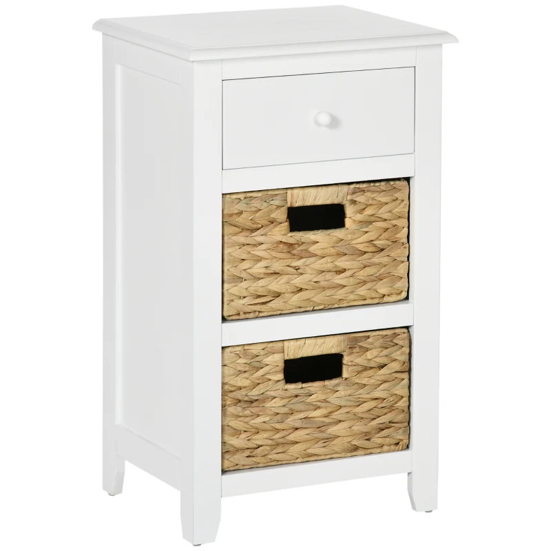 HOMCOM Table d'appoint, Bout de canapé, Chevet avec 1 tiroir et 2 paniers amovibles naturels effet rotin et MDF blanc
