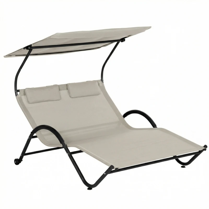 Outsunny Chaise longue bain de soleil transat avec auvent oreiller et roulettes en acier et polyester crème