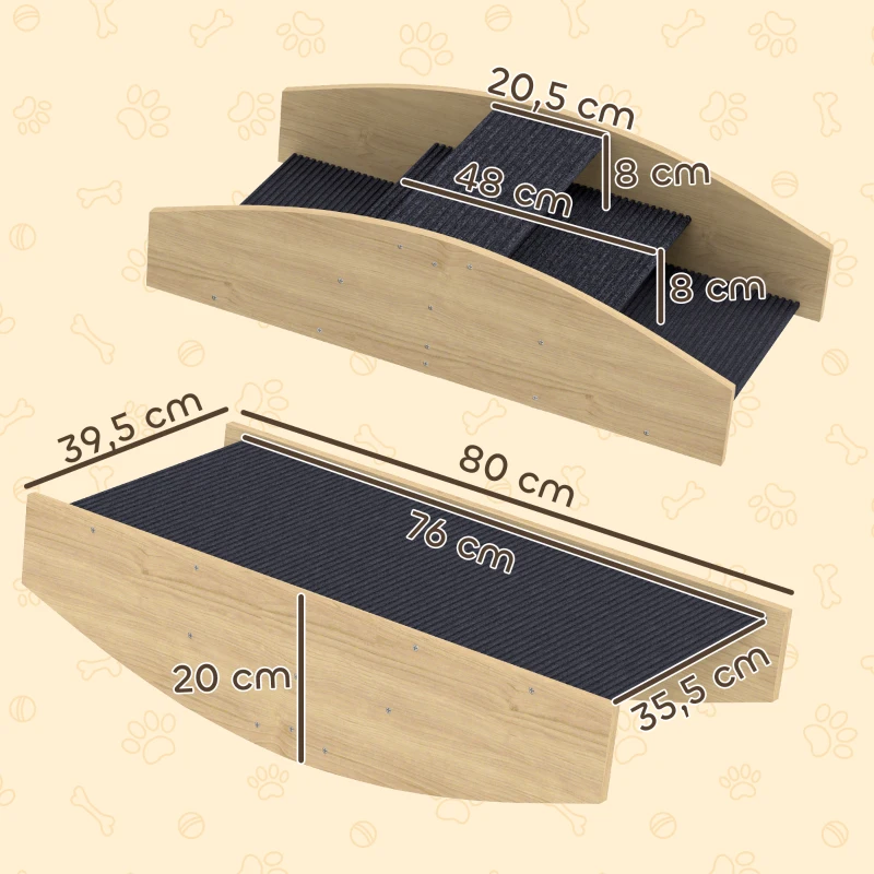 PawHut Bascule Chien Agility Réversible 2-en-1 Escalier pour Chien 3 Marches en Bois 80x39,5x20cm, Bois Naturel